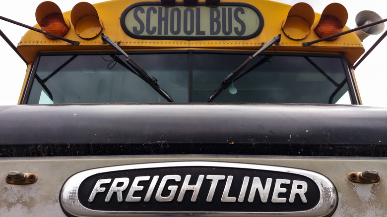 A yellow Schoolbus built on the FCCC F-65 chassis with the grill visible