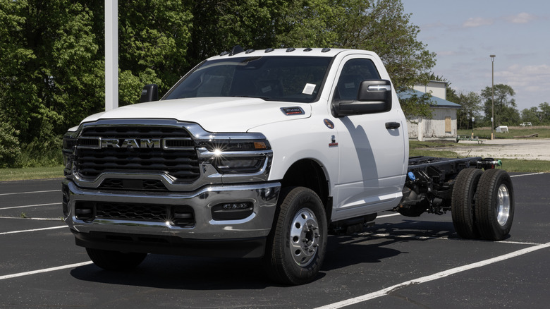 A white RAM 3500 chassis cab truck without any body on the chassis
