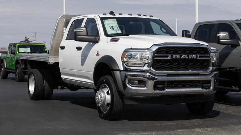 A white RAM 5500 Chassis cab truck without any customization of the body