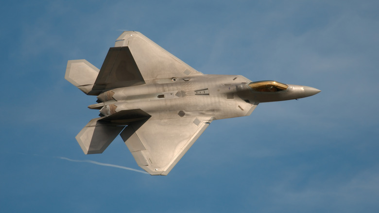 An F-22 Raptor flying at an air show