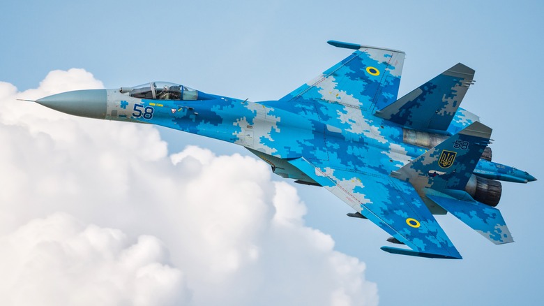 The Sukhoi Su-27 with blue camo paint