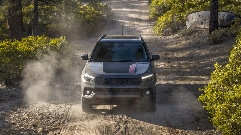 2025 Jeep Compass front end viewed from above while off-roading