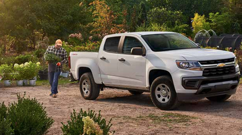 A white 2022 Chevy Colorado near a man holding a potted plant.
