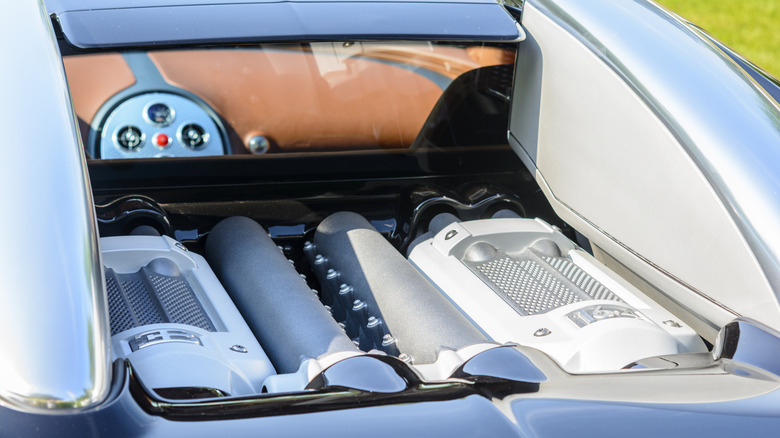 W16 1000HP engine on a Bugatti Veyron hypercar on display during the 2014 Classic Days event at Schloss Dyck.