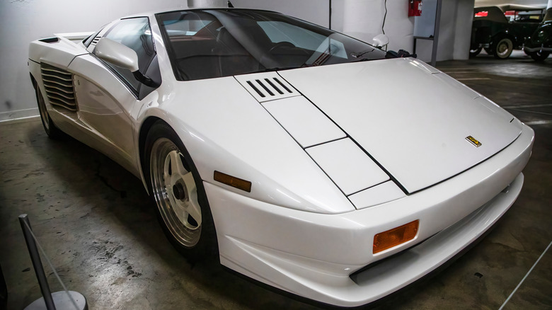 Los Angeles USA A rare white Cizeta-Moroder V16T, a 1990s exotic supercar with a futuristic wedge design