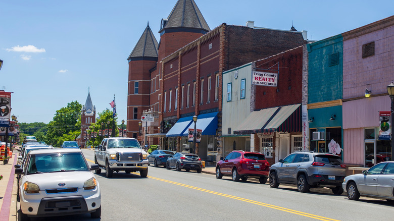 Cars along a street in Cadiz, Kentucky