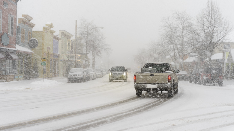 Cars driving in the snow in Michigan