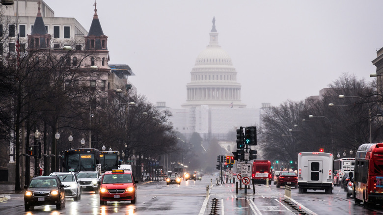 Cars driving in rain in Washington DC