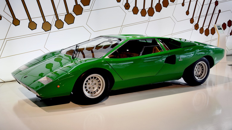 Green Lamborghini Countach LP400 Prototype, see from left front on display at Museo Lamborghini