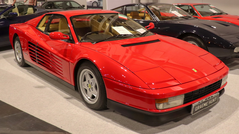Red 1991 Ferrari Testarossa 4.9 seen from right front at the NEC Classic Motor Show 2018