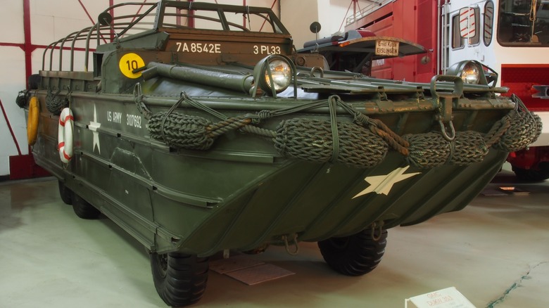 A GMC DUKW built in 1942 parked in a museum exhibit