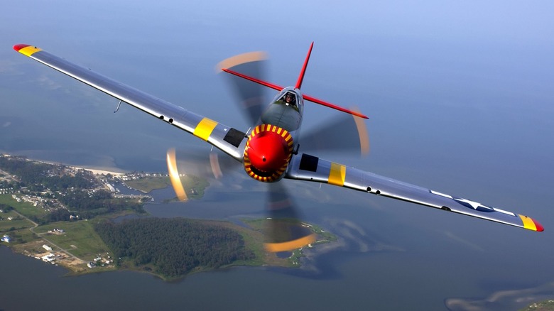 A North American P-51 Mustang flying towards the camera