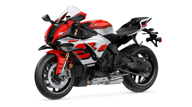 Red and white Yamaha YZF-R1 on a white background
