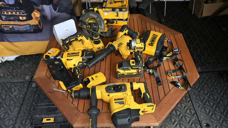 An assortment of DeWalt tools