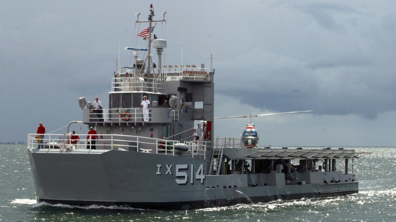 The Baylander Navy Helicopter Landing Trainer (HLT) with a helicopter on its deck