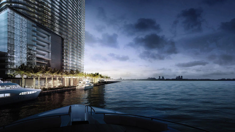 An ocean-side view of the Aston Martin residential skyscraper