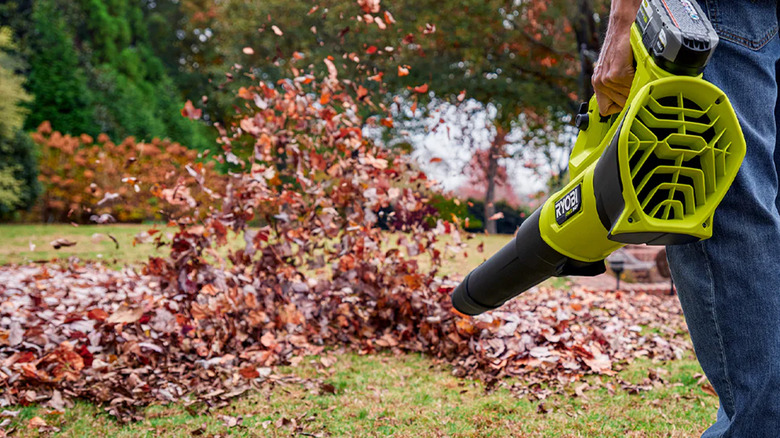 A man leaf blowing a pile of leaves.