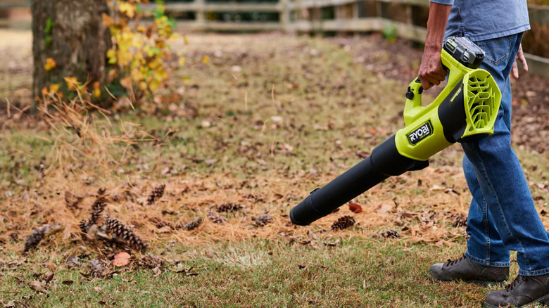 A man leaf blowing a yard with a Ryobi leaf blower.