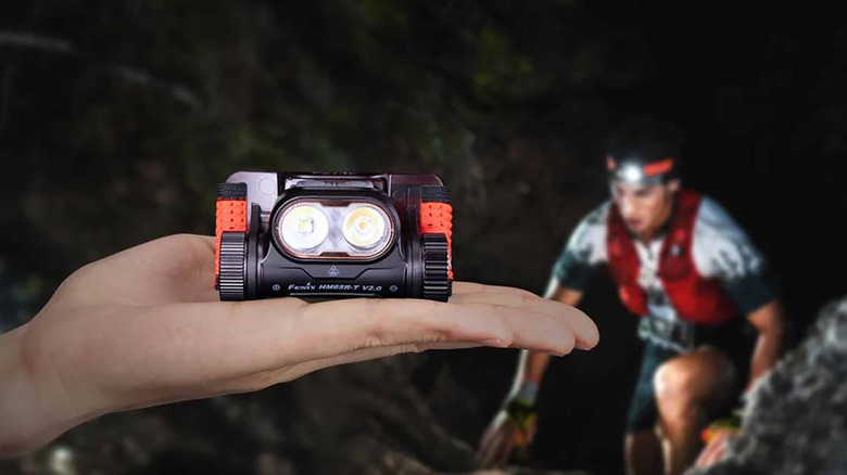 A Fenix HM65R-T Headlamp on display