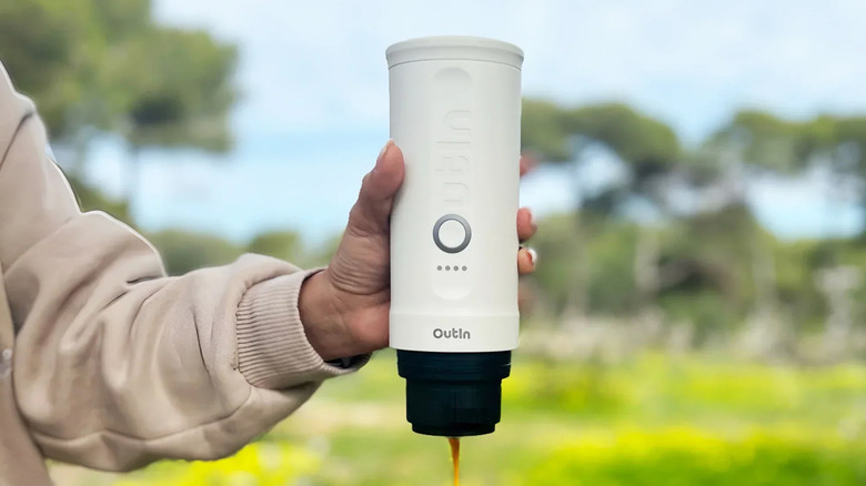 An OutIn Nano Espresso Machine being displayed