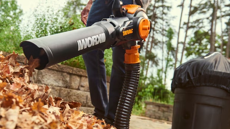 vacuuming leaves with Worx Trivac