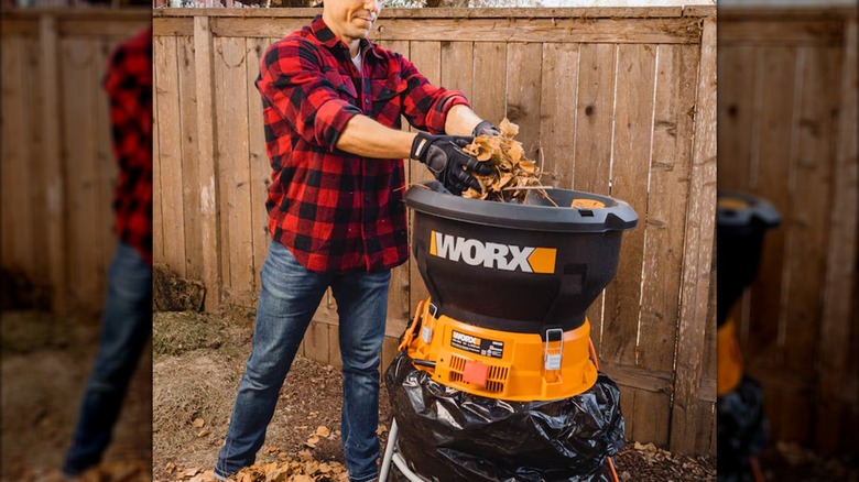 shredding leaves in Worx mulcher