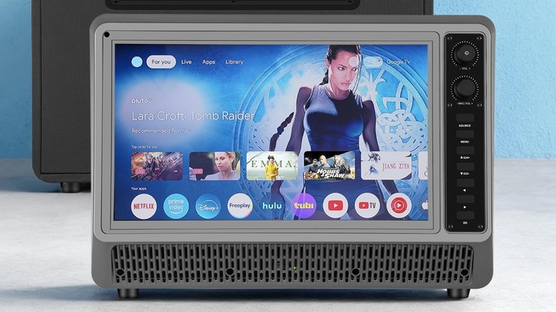 A portable TV showing off smart TV apps and features