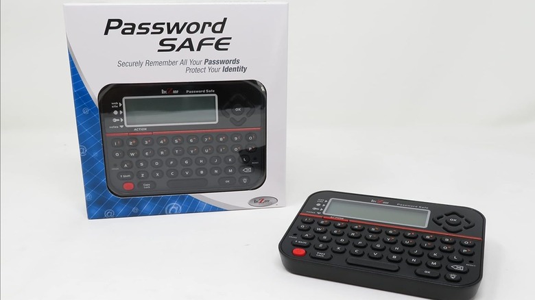 A Password Safe device on display next to its box