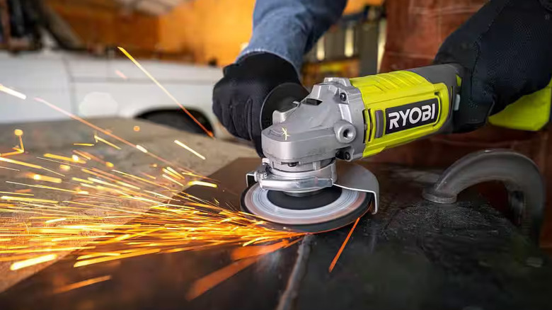 Ryobi angle grinder with sparks flying