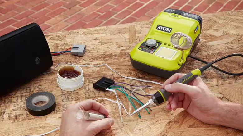 Ryobi soldering station being used to solder wires