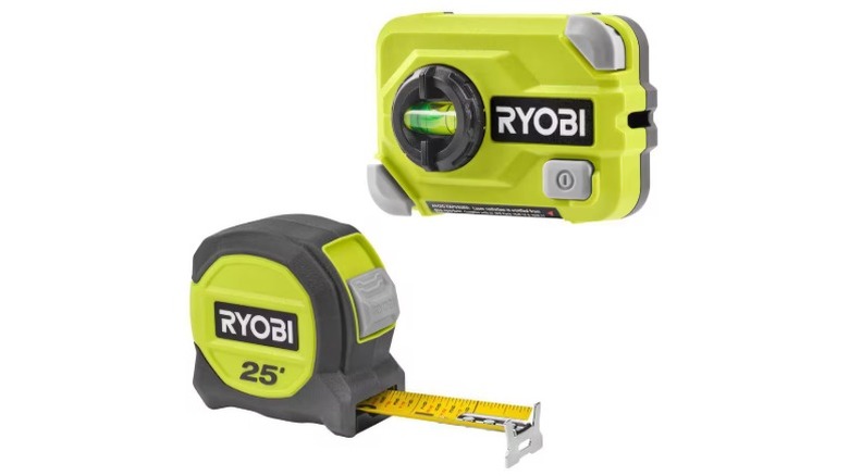 Ryobi tape measure and laser level against a white background