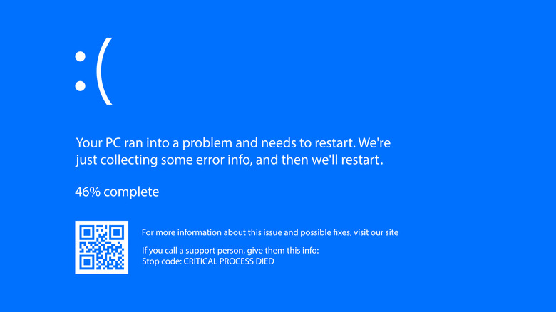 Blue screen showing unhappy face emoticon with text describing PC issue requiring restart