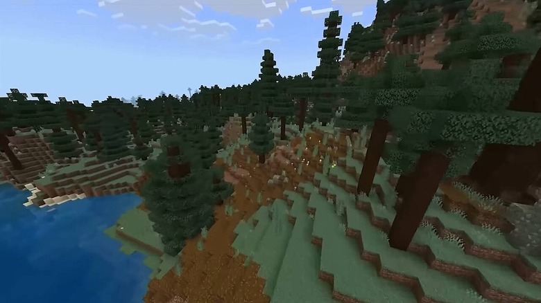 Circa 2023 Minecraft in-game screenshot showing taiga and water