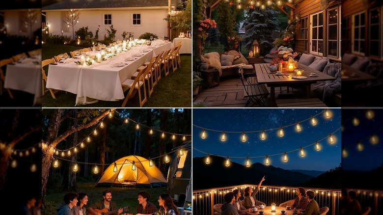 Collage of string lights in various backyard scenes