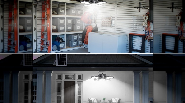 A bright overhead light in garage and patio settings