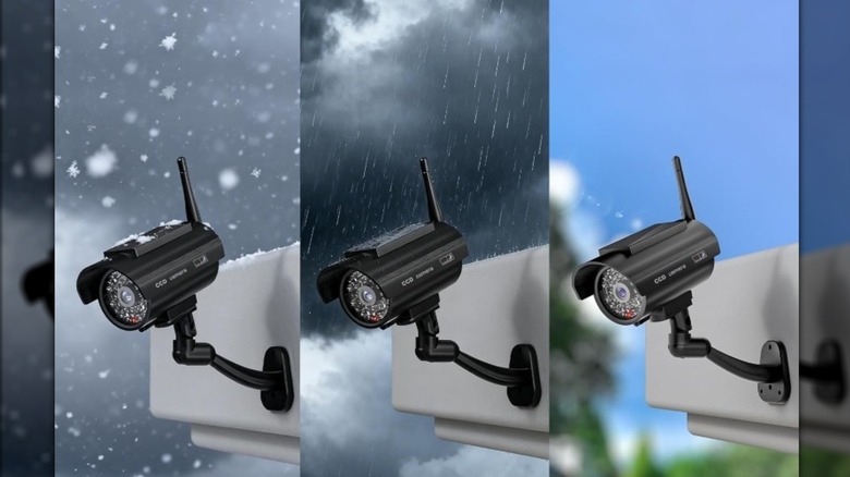 Trio of black security cameras in various weather conditions