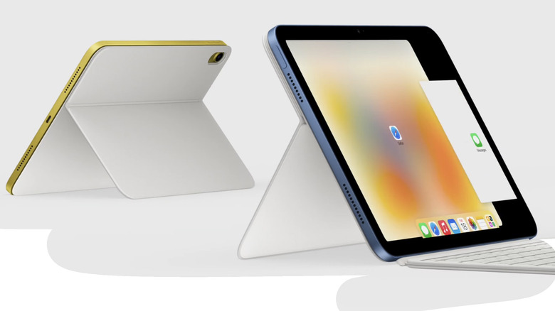 Two iPads in folio cases standing up with keyboards