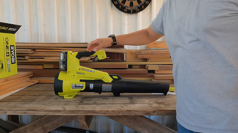 A shot of a Ryobi Cordless Leaf Blower