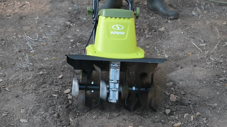 A close up shot of the Sun Joe Electric Garden Cultivator And Tiller