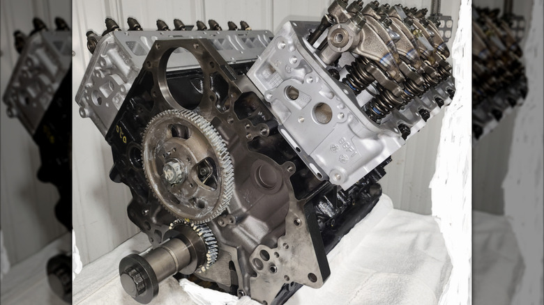 A remanufactured Duramax long block engine.