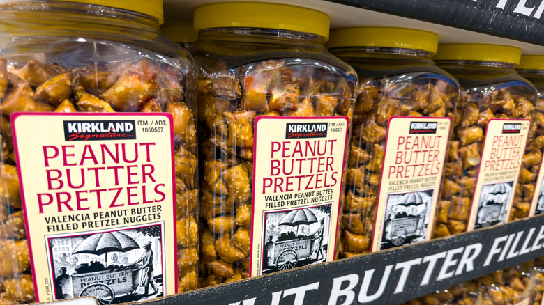 Kirkland pretzels on display on a store rack