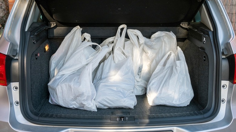 bags of items stored in the back of an SUV