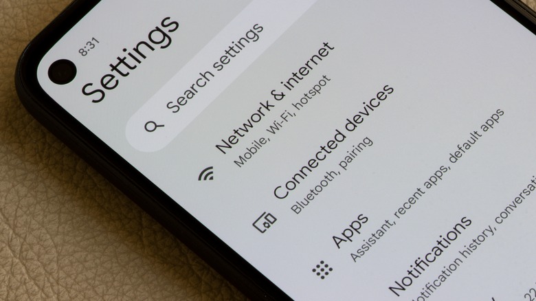 The settings menu within an Android phone 