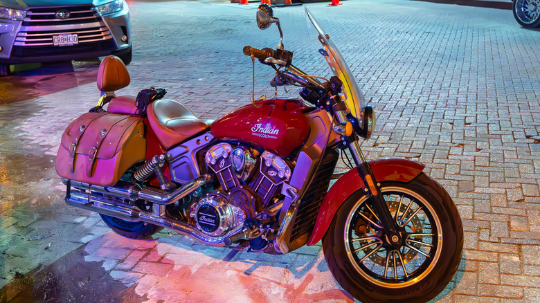 Indian Scout motorcycle parked in parking lot