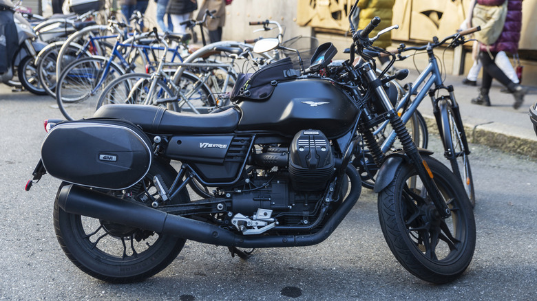 Black Moto Guzzi V7 Stone edition parked on street