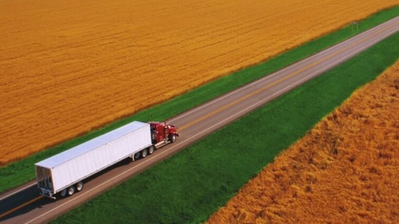 A red semi-truck with a white trailer drives down a two-lane rural highway surrounded by golden fields and green grass.