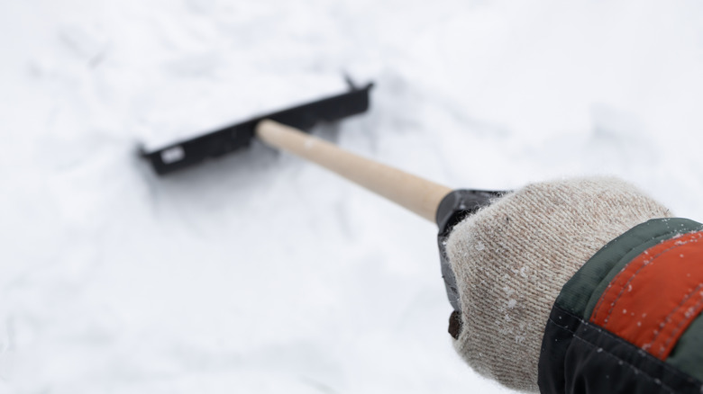 A person using a shovel to clear away snow