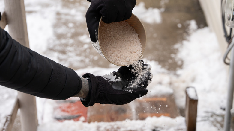 A person pouring rock salts onto their gloved palm