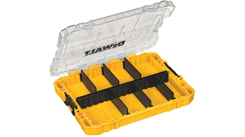 A small, yellow toolbox that's divided up into multiple sections