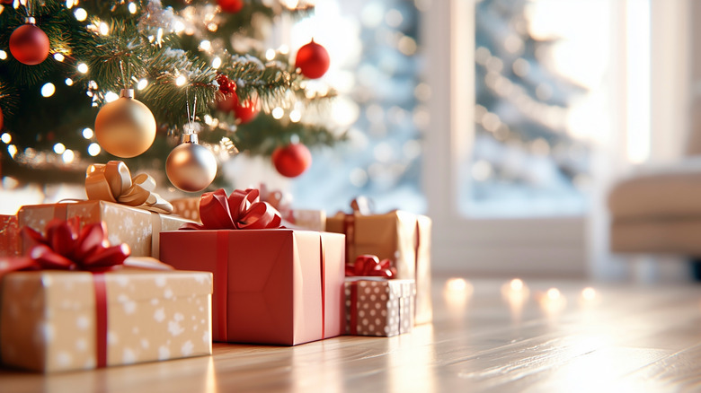 Packed gifts placed under a Christmas tree.